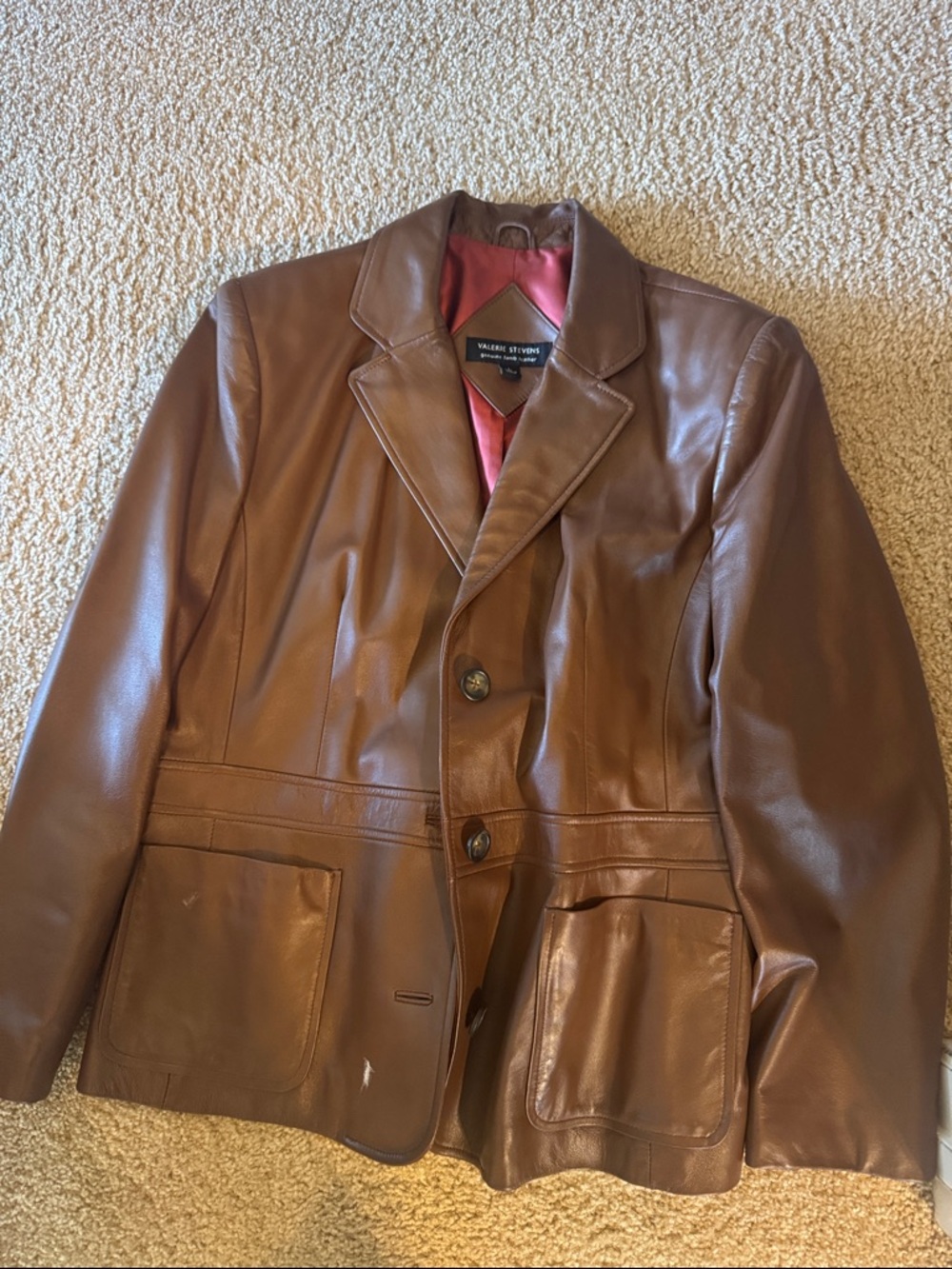 Valerie Stevens Cognac Leather Blazer with Pink Satin Lining